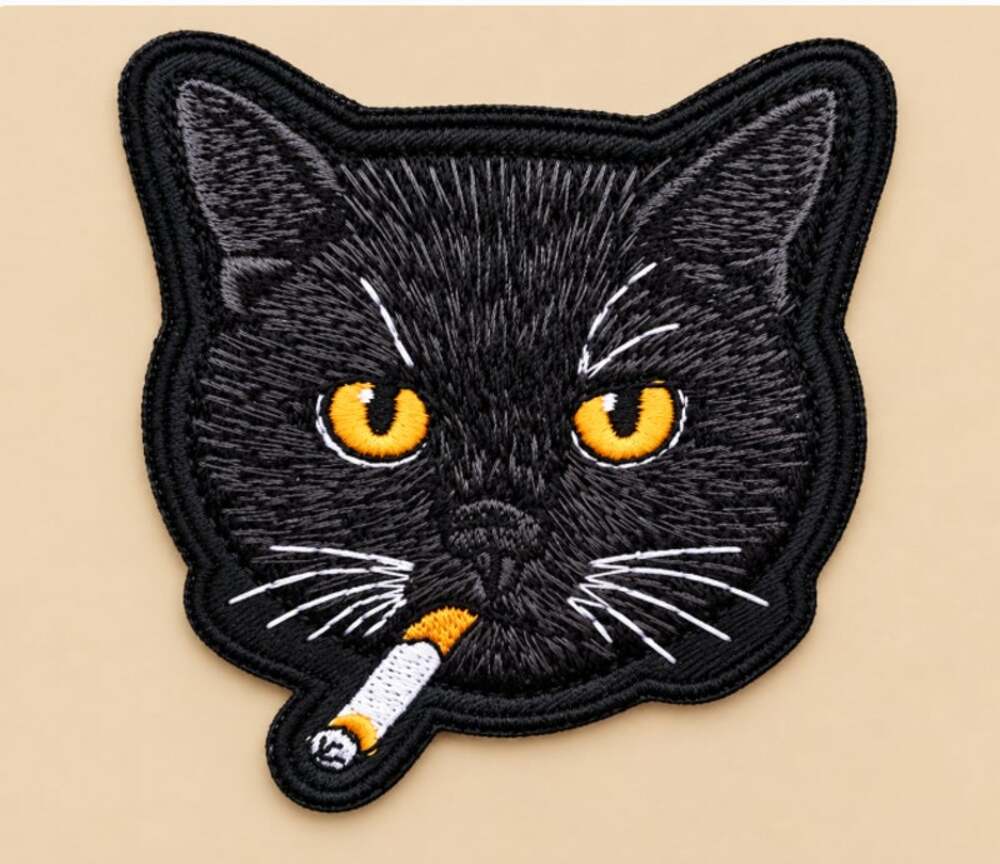 Black Cat with Cigarette Embroidered Hook & Loops Embroidered Patch 3.55"